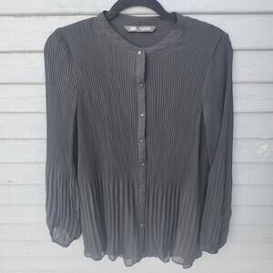Zara Size Med Pleated Long Sleeve Long Line Black Button Up Blouse Lined